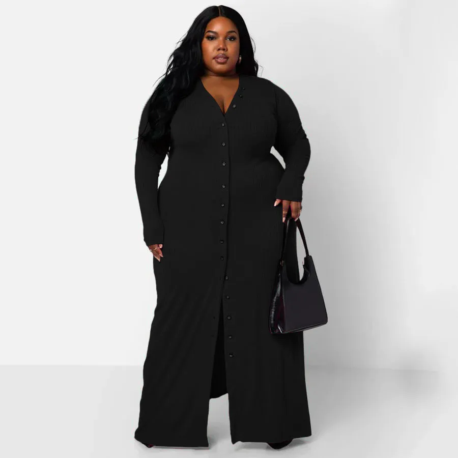 Plus Size Rib Button Maxi Shirt Dress