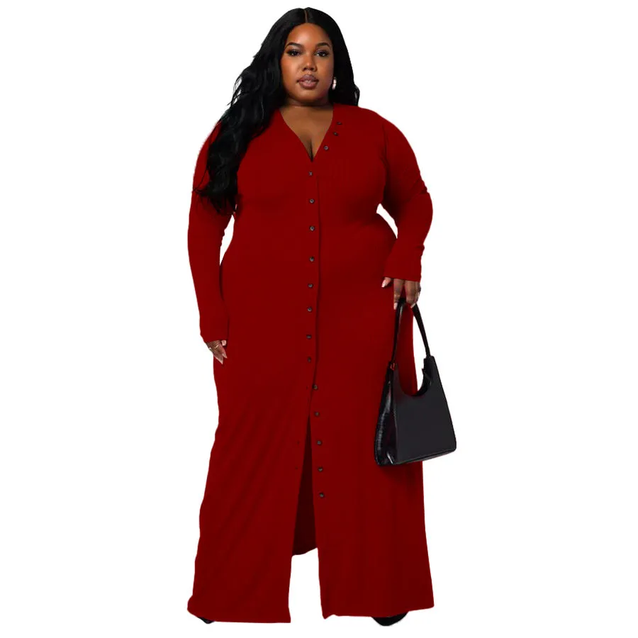 Plus Size Rib Button Maxi Shirt Dress