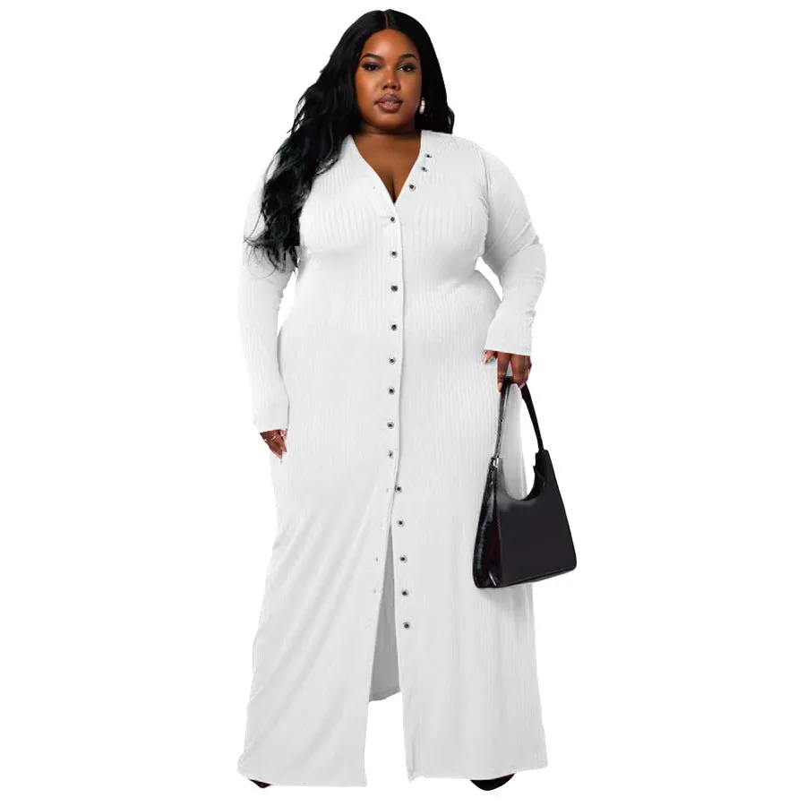 Plus Size Rib Button Maxi Shirt Dress