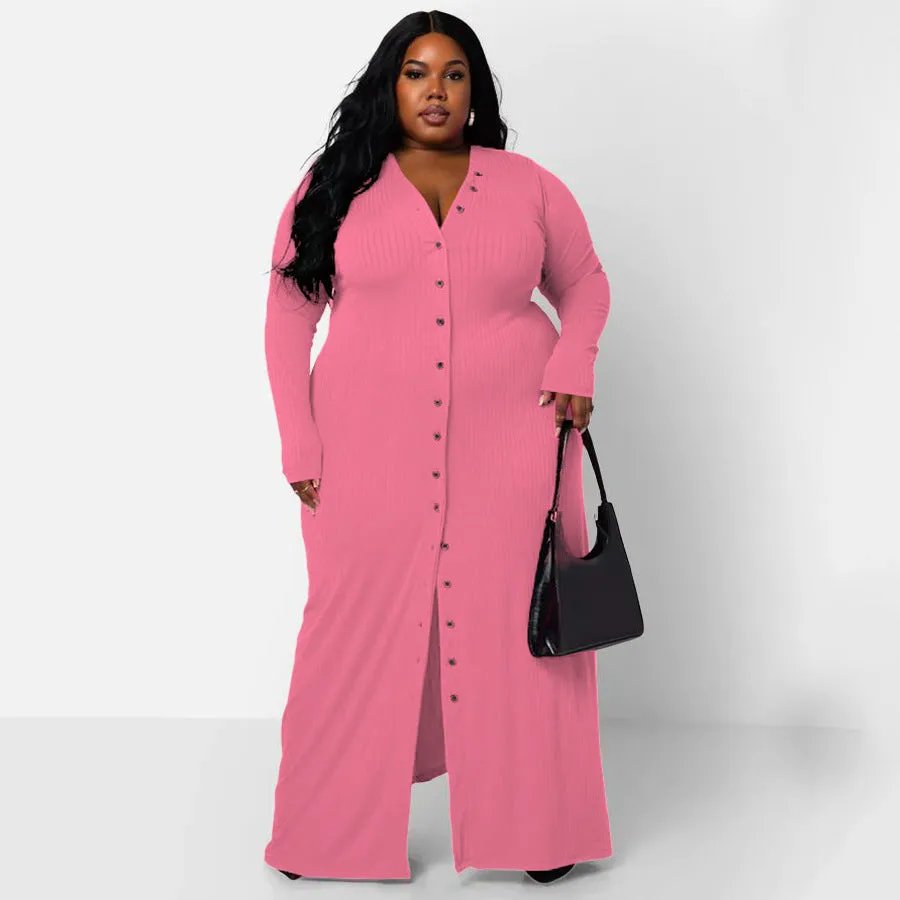 Plus Size Rib Button Maxi Shirt Dress