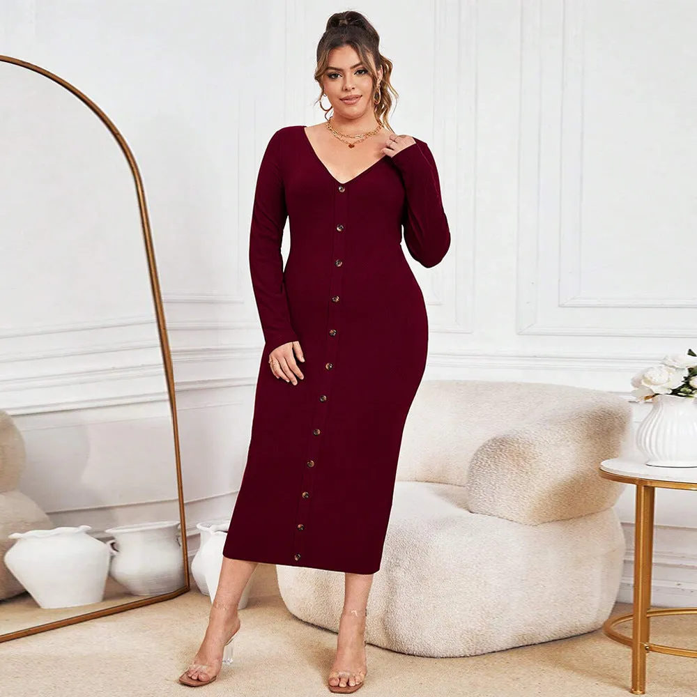 Plus Size Sexy Knitted V neck Maxi Dress