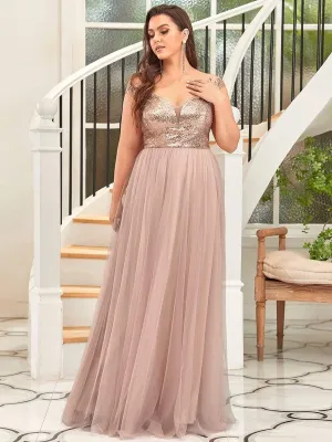 Plus Size Shiny Sequin Bodice Off the Shoulder Maxi Tulle Evening Dress