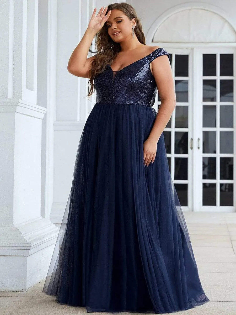 Plus Size Shiny Sequin Bodice Off the Shoulder Maxi Tulle Evening Dress