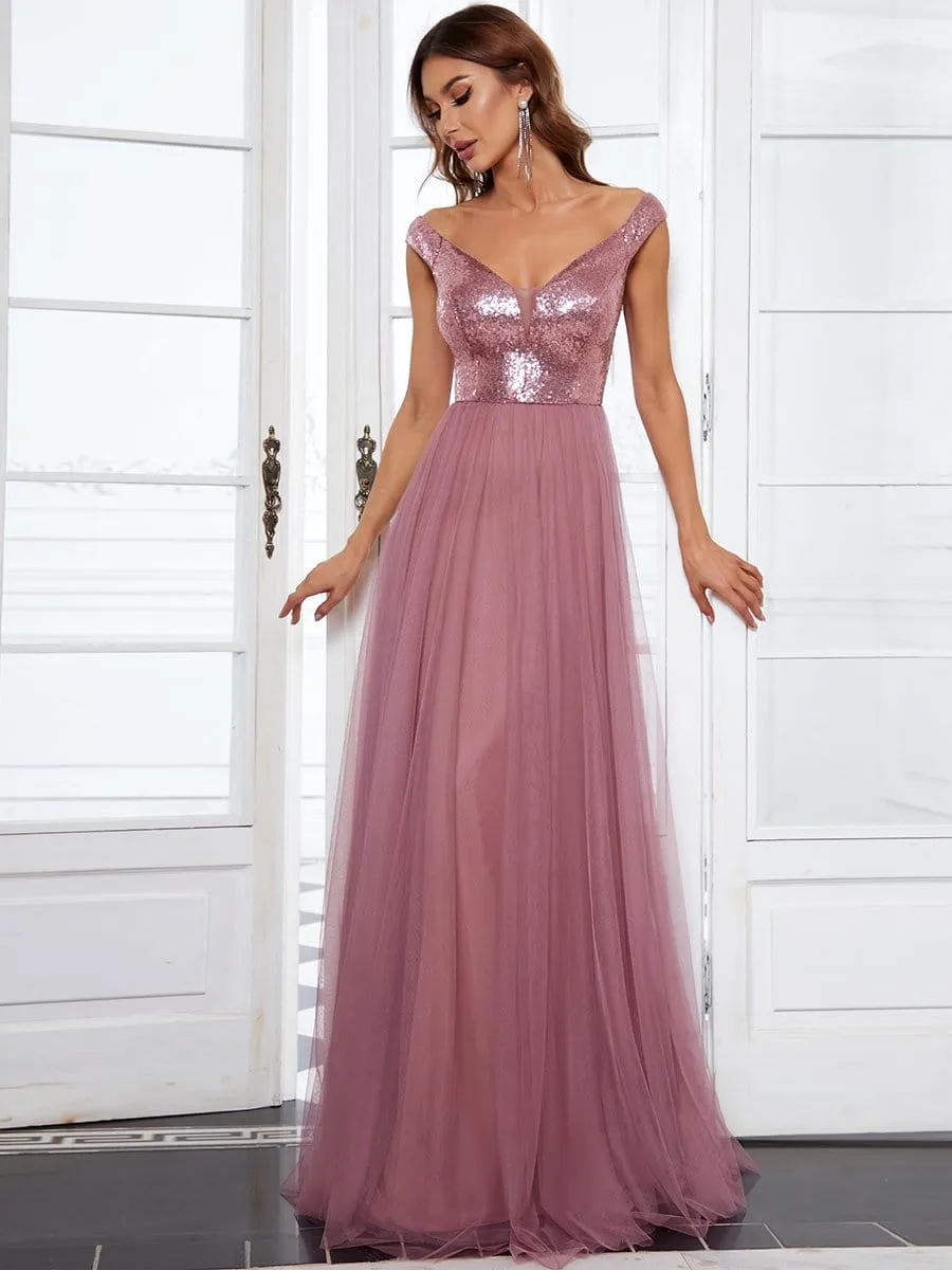 Plus Size Shiny Sequin Bodice Off the Shoulder Maxi Tulle Evening Dress