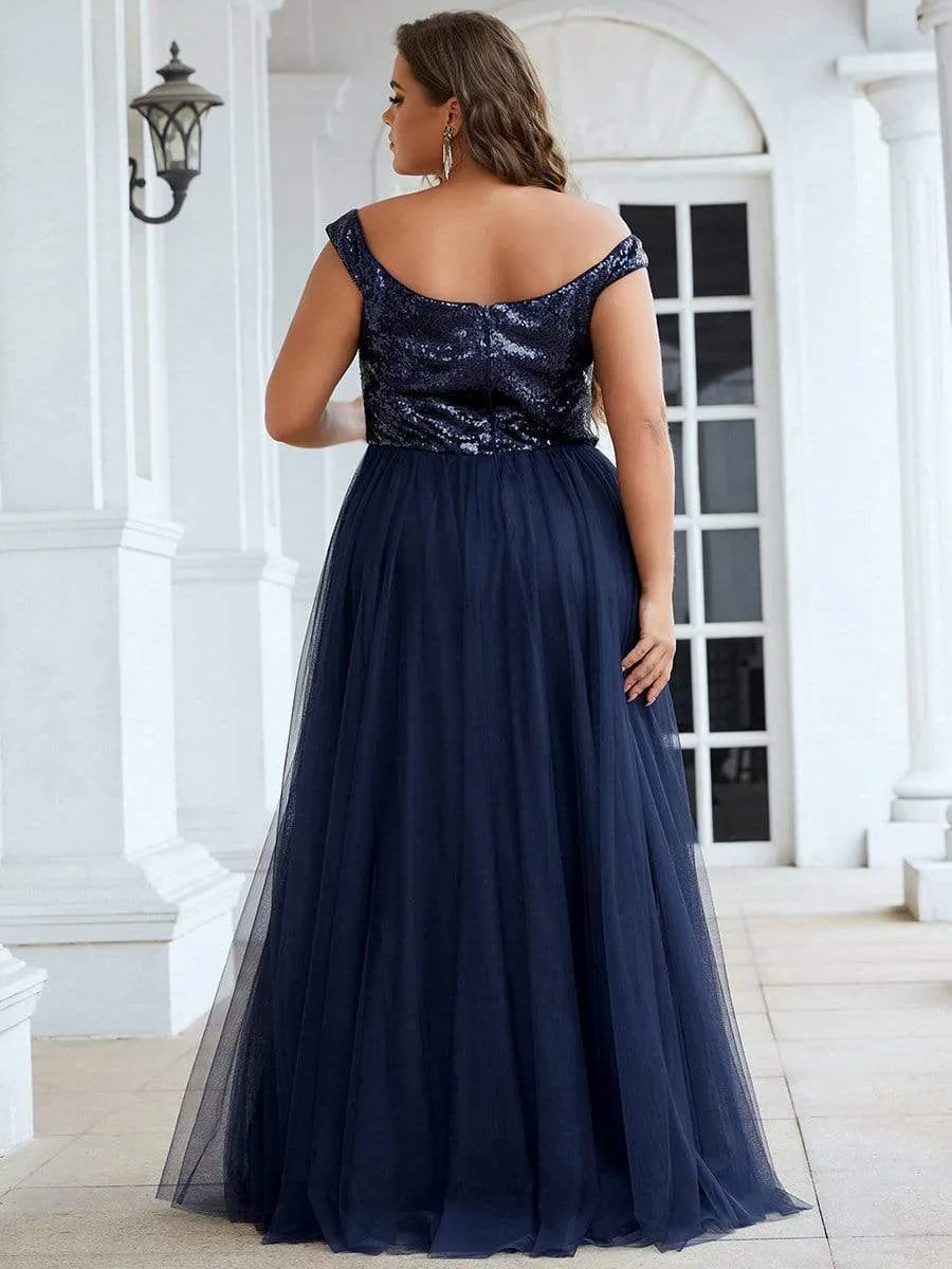 Plus Size Shiny Sequin Bodice Off the Shoulder Maxi Tulle Evening Dress