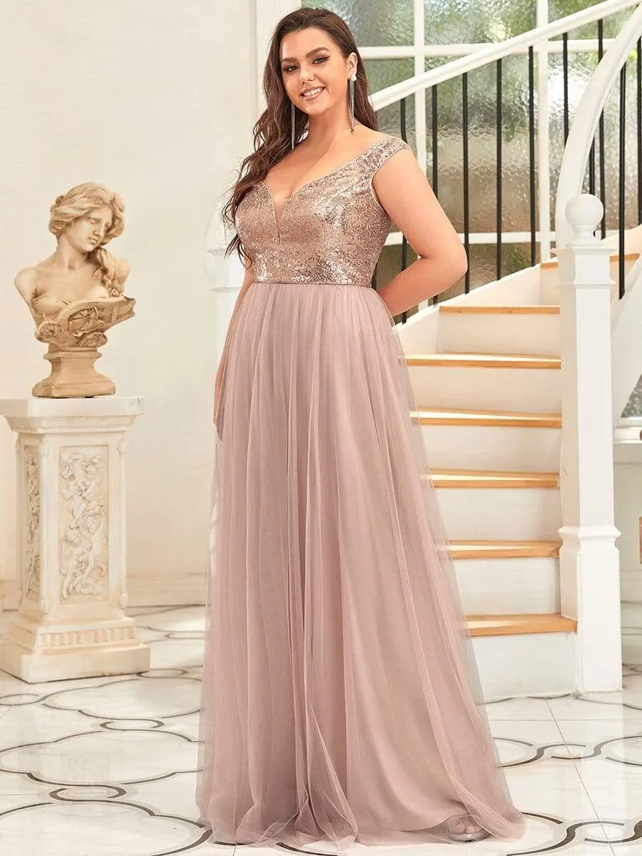 Plus Size Shiny Sequin Bodice Off the Shoulder Maxi Tulle Evening Dress