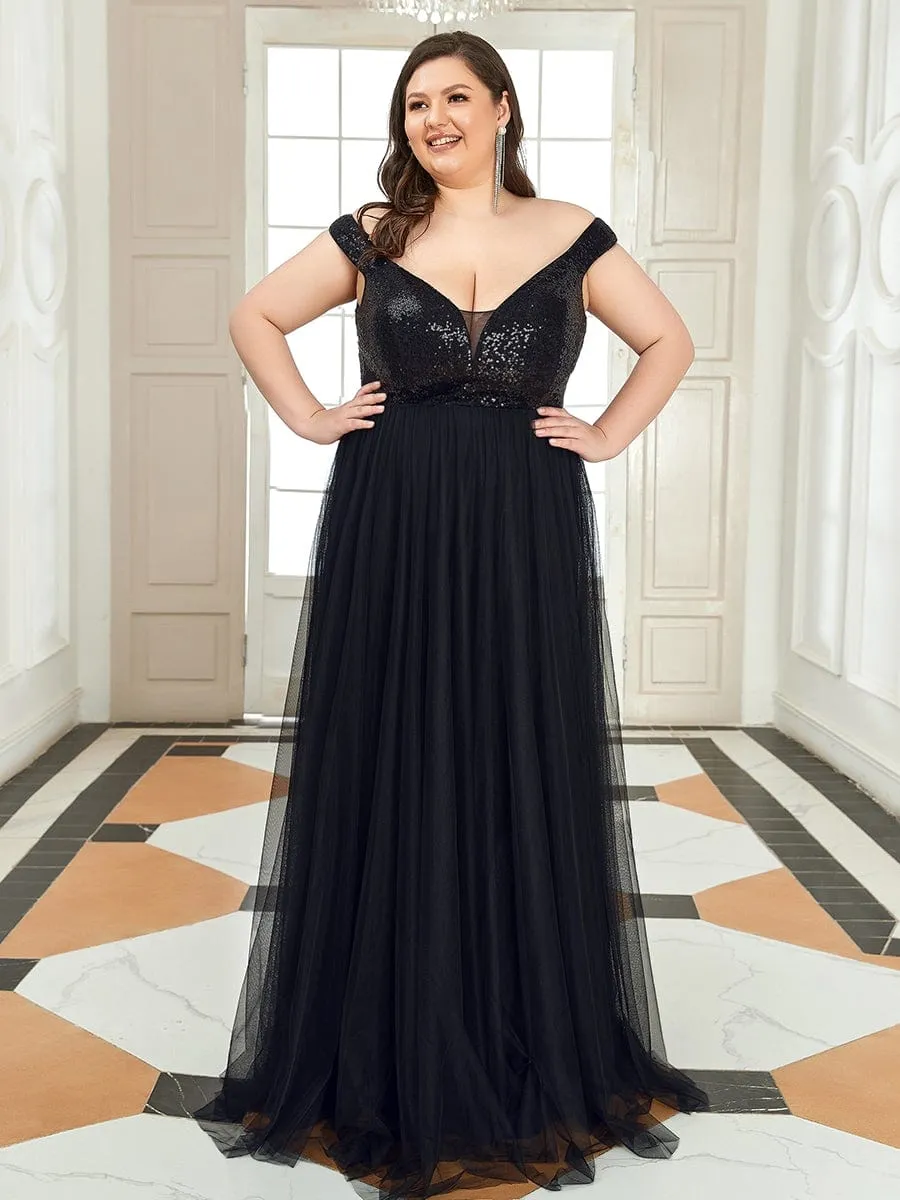 Plus Size Shiny Sequin Bodice Off the Shoulder Maxi Tulle Evening Dress