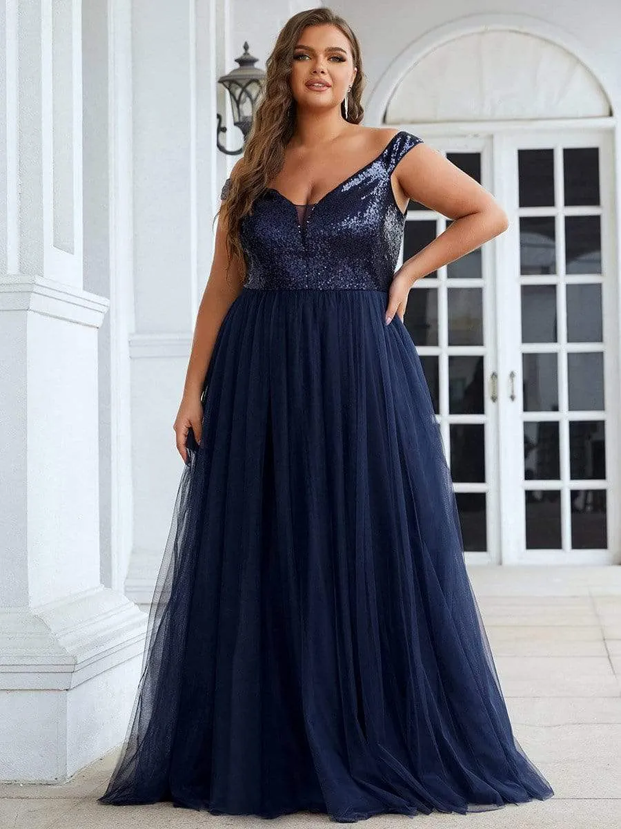 Plus Size Shiny Sequin Bodice Off the Shoulder Maxi Tulle Evening Dress