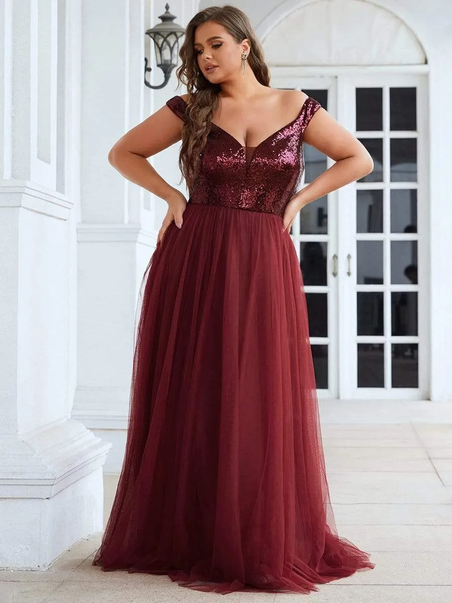 Plus Size Shiny Sequin Bodice Off the Shoulder Maxi Tulle Evening Dress