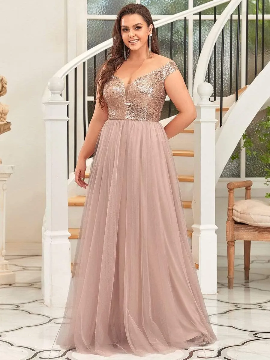 Plus Size Shiny Sequin Bodice Off the Shoulder Maxi Tulle Evening Dress