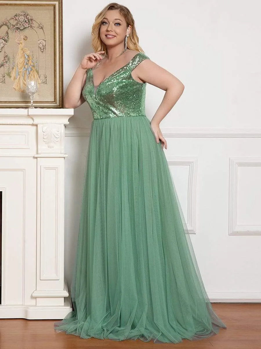 Plus Size Shiny Sequin Bodice Off the Shoulder Maxi Tulle Evening Dress