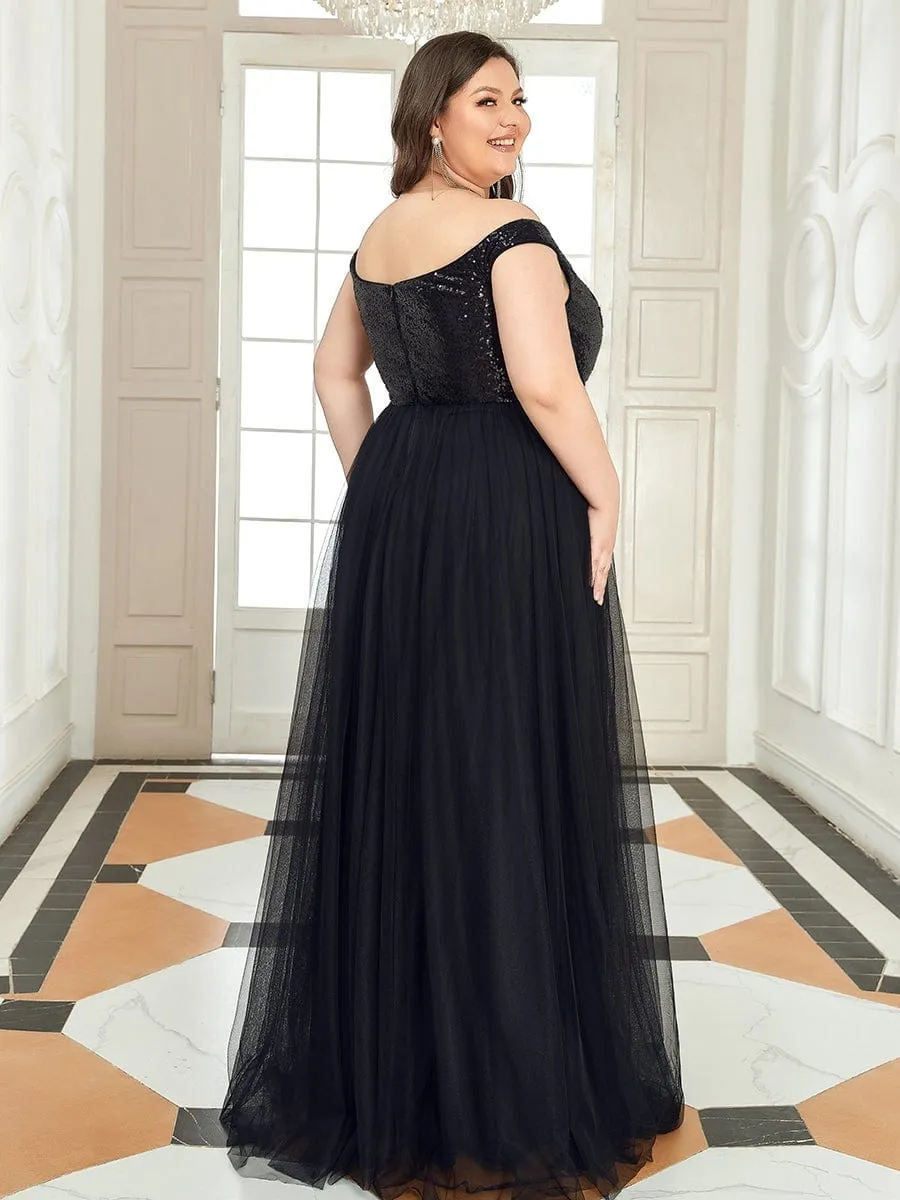 Plus Size Shiny Sequin Bodice Off the Shoulder Maxi Tulle Evening Dress