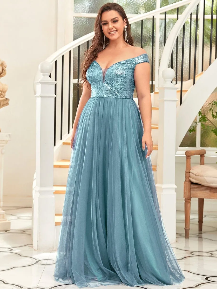 Plus Size Shiny Sequin Bodice Off the Shoulder Maxi Tulle Evening Dress