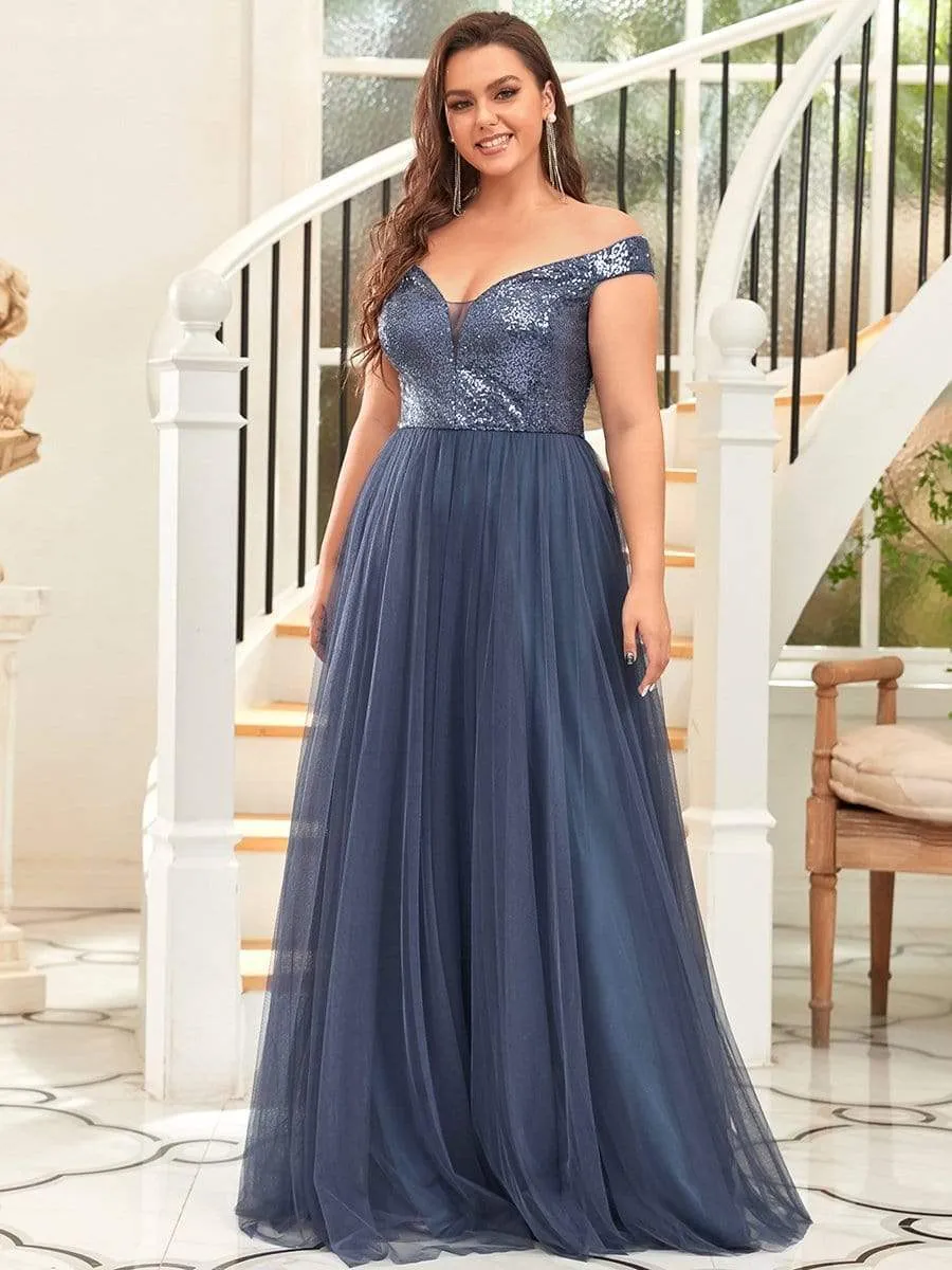 Plus Size Shiny Sequin Bodice Off the Shoulder Maxi Tulle Evening Dress