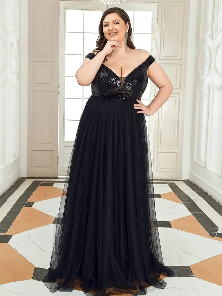 Plus Size Shiny Sequin Bodice Off the Shoulder Maxi Tulle Evening Dress