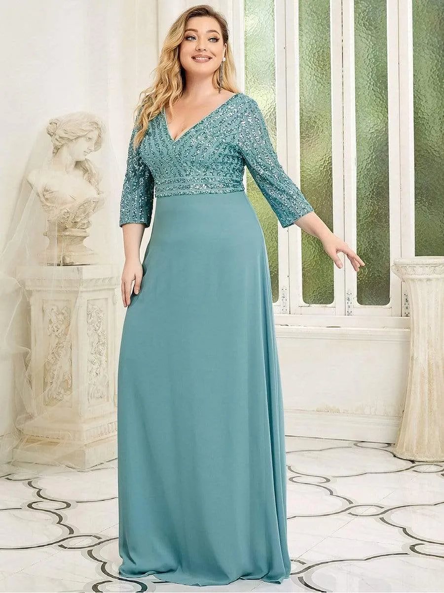 Plus Size V Neck A-Line Sequin Evening Dress with Sleeve