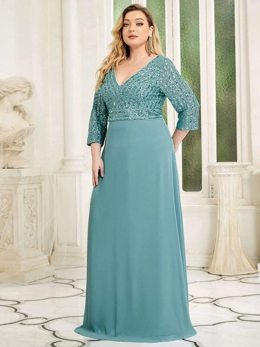 Plus Size V Neck A-Line Sequin Evening Dress with Sleeve