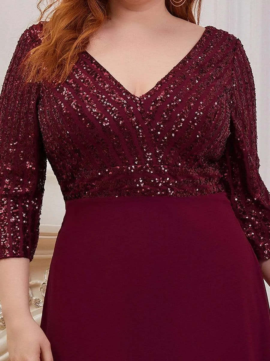 Plus Size V Neck A-Line Sequin Evening Dress with Sleeve