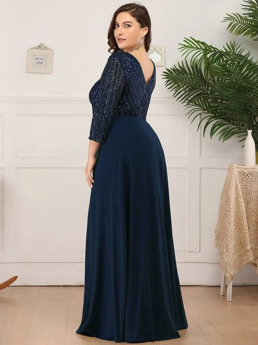 Plus Size V Neck A-Line Sequin Evening Dress with Sleeve