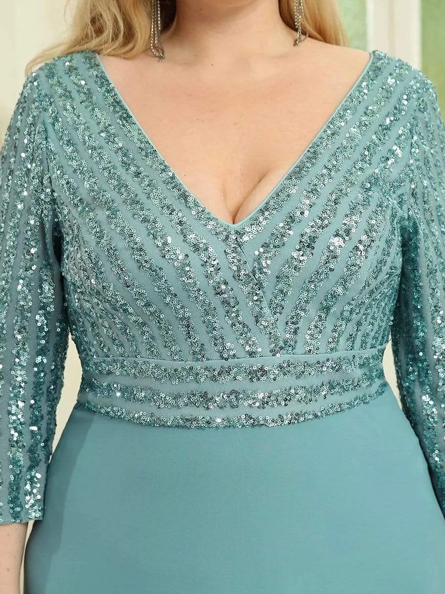 Plus Size V Neck A-Line Sequin Evening Dress with Sleeve