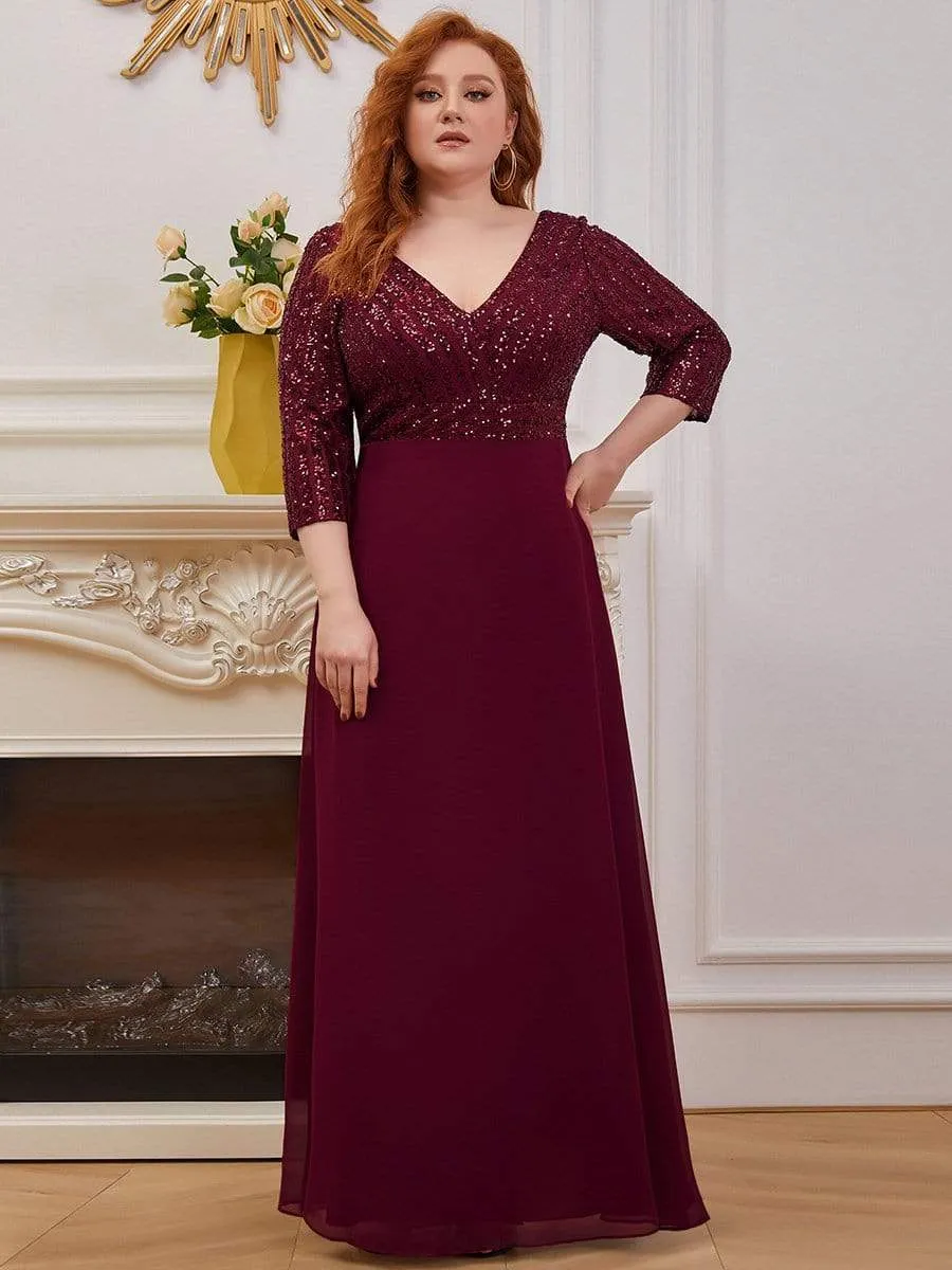 Plus Size V Neck A-Line Sequin Evening Dress with Sleeve