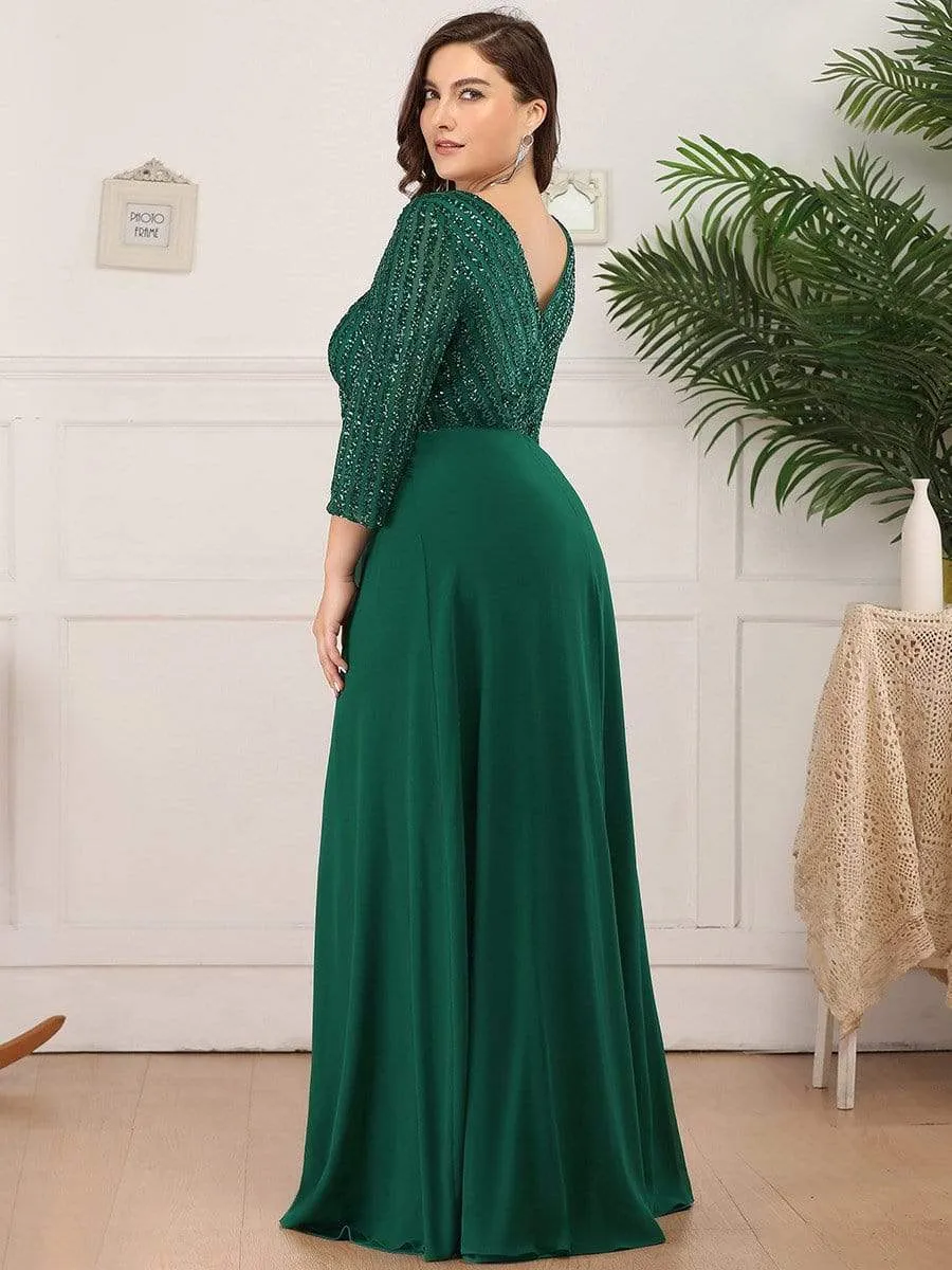 Plus Size V Neck A-Line Sequin Evening Dress with Sleeve