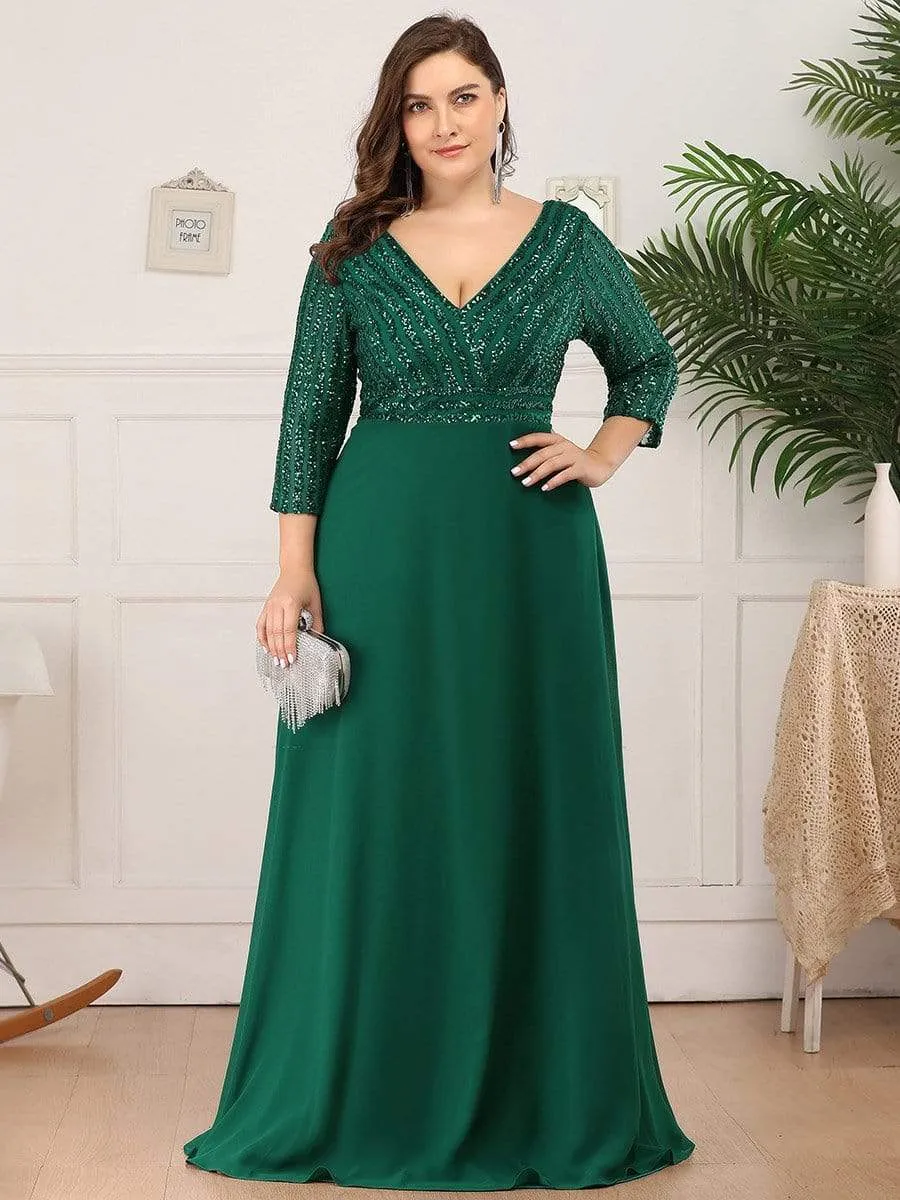 Plus Size V Neck A-Line Sequin Evening Dress with Sleeve