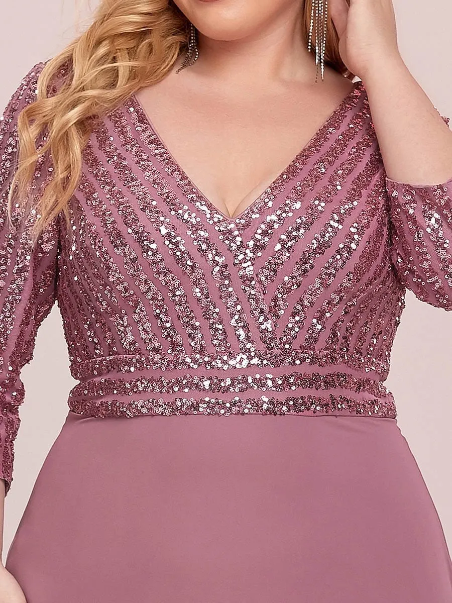 Plus Size V Neck A-Line Sequin Evening Dress with Sleeve