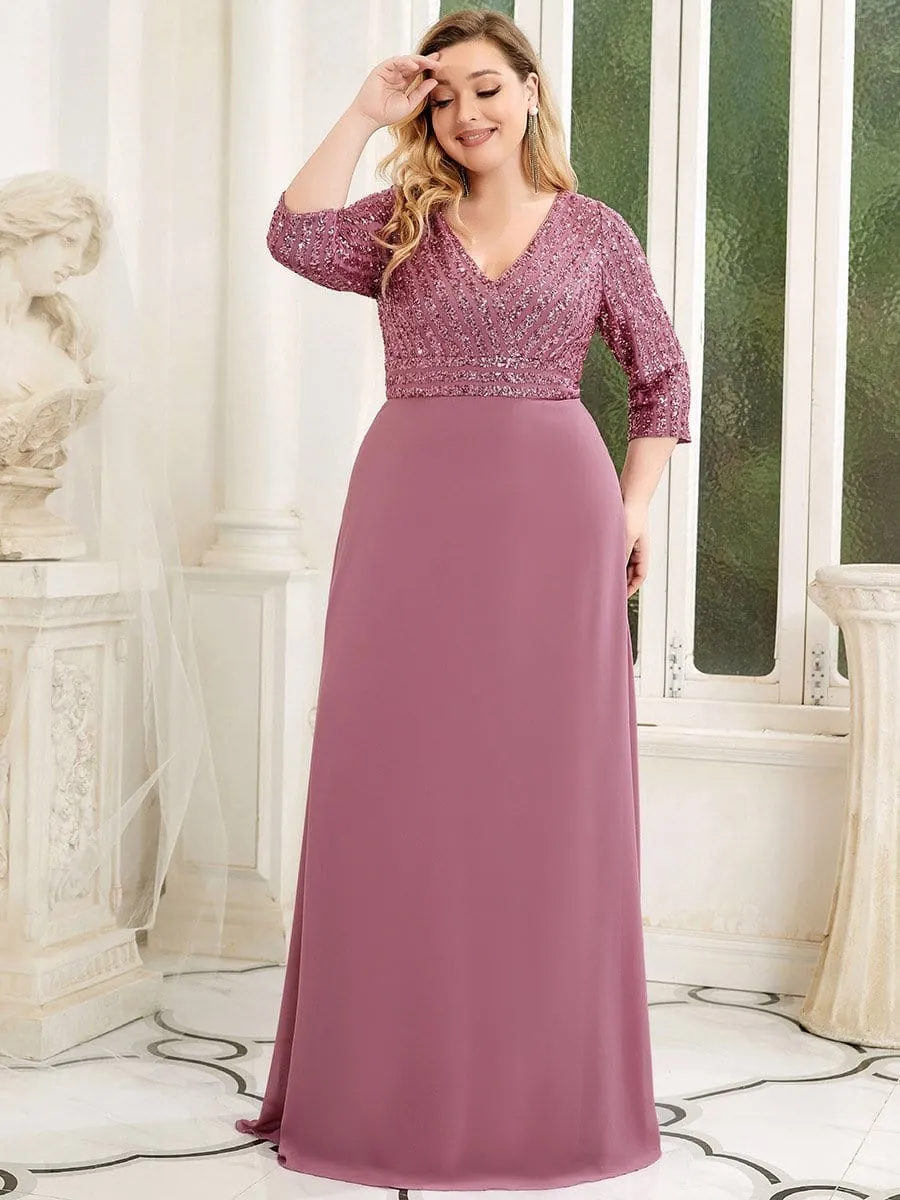 Plus Size V Neck A-Line Sequin Evening Dress with Sleeve