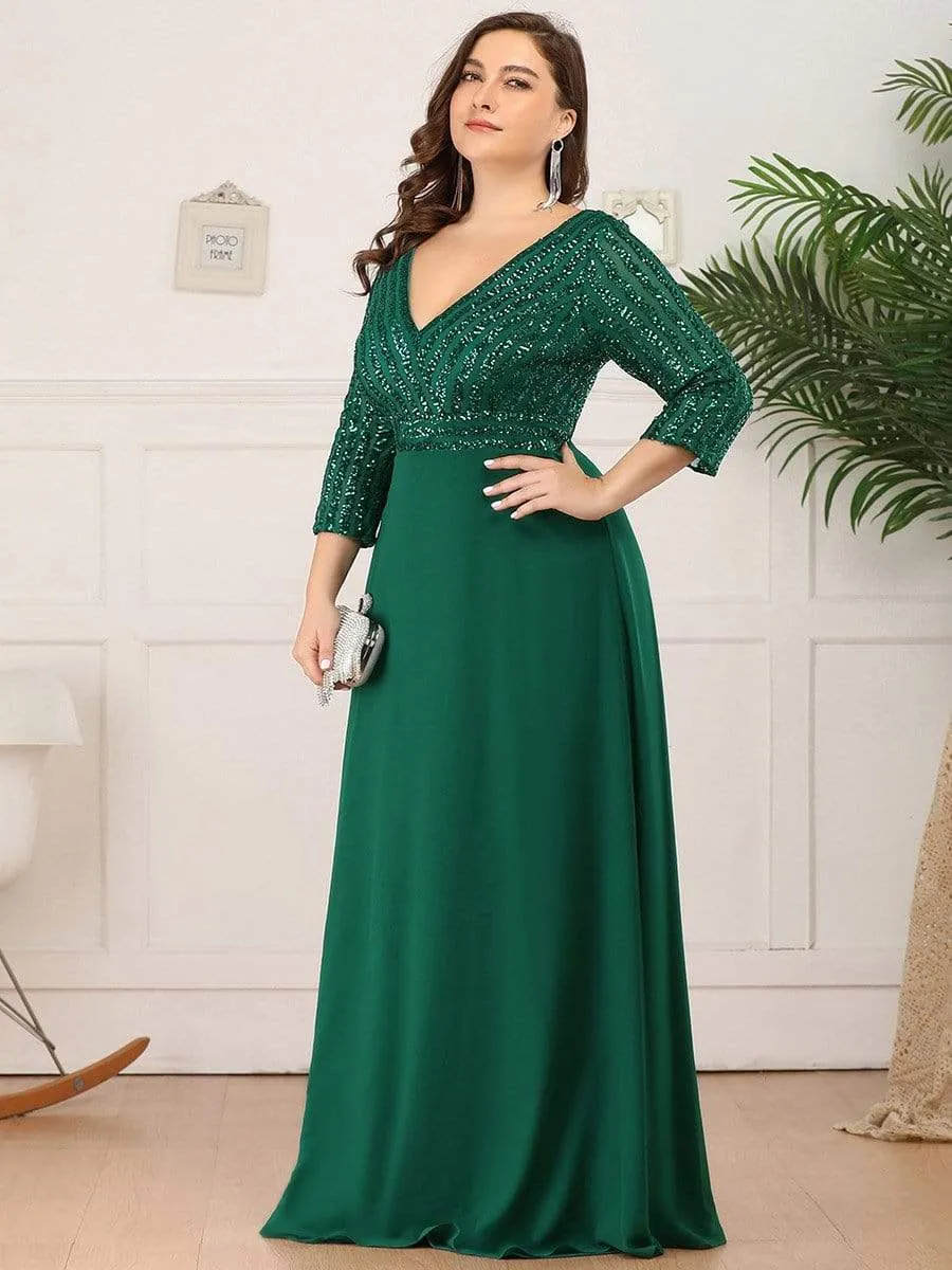 Plus Size V Neck A-Line Sequin Evening Dress with Sleeve