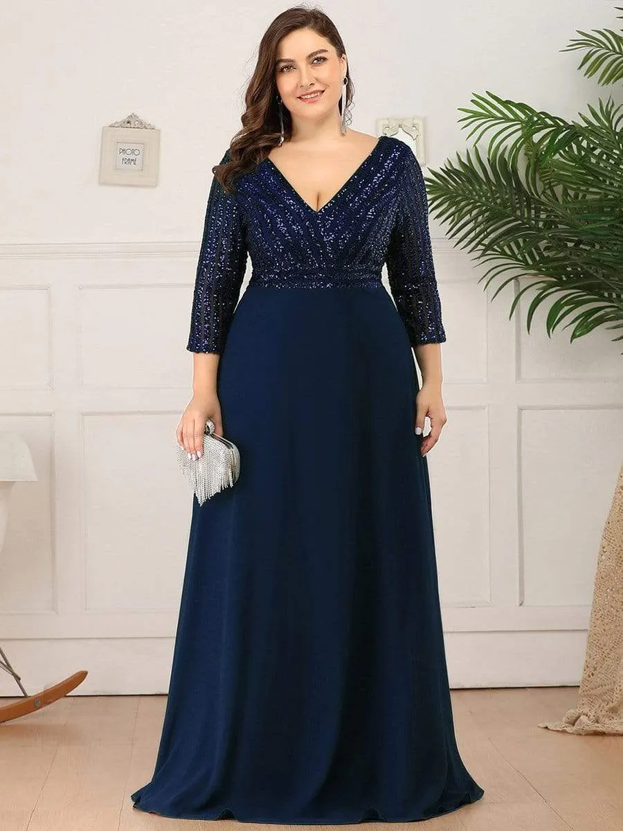 Plus Size V Neck A-Line Sequin Evening Dress with Sleeve