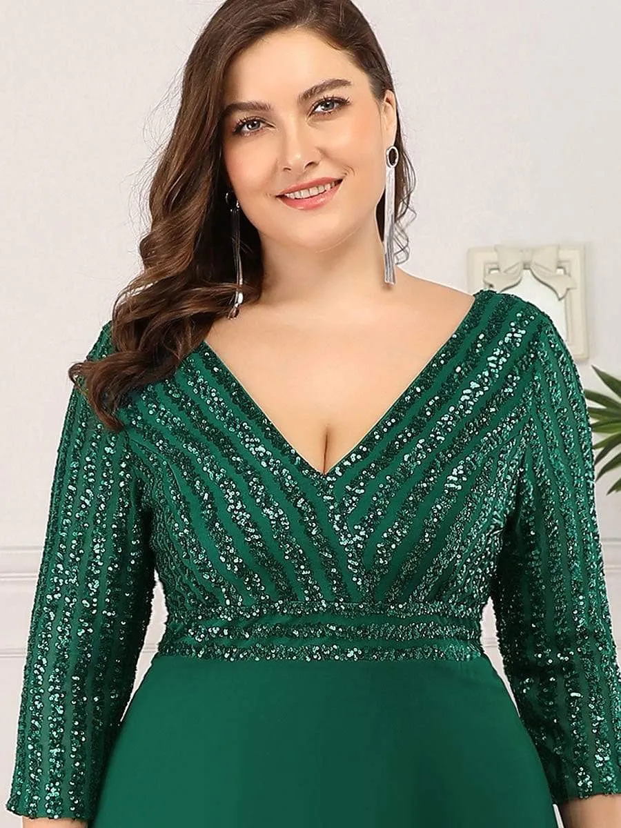 Plus Size V Neck A-Line Sequin Evening Dress with Sleeve