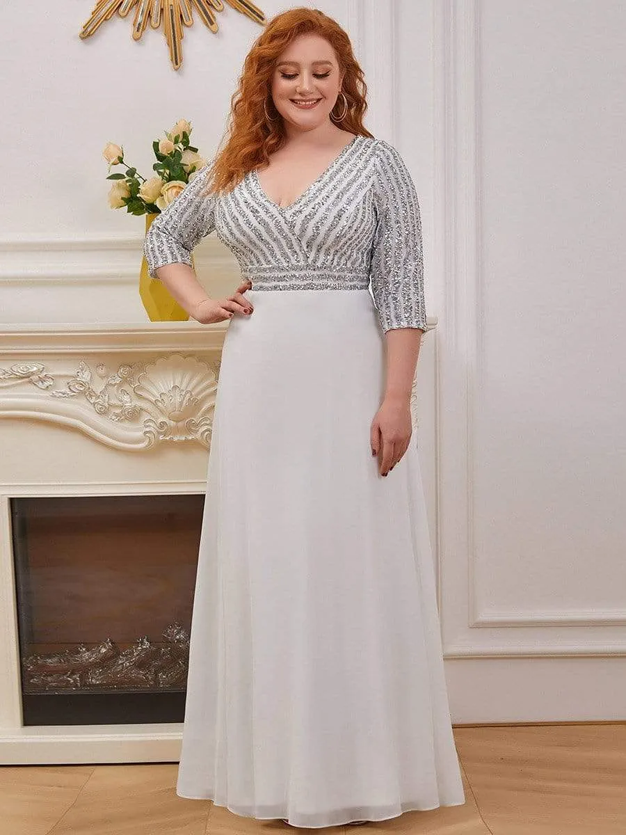 Plus Size V Neck A-Line Sequin Evening Dress with Sleeve