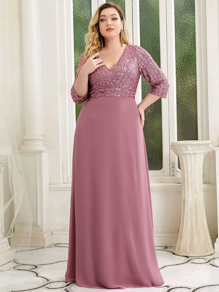 Plus Size V Neck A-Line Sequin Evening Dress with Sleeve