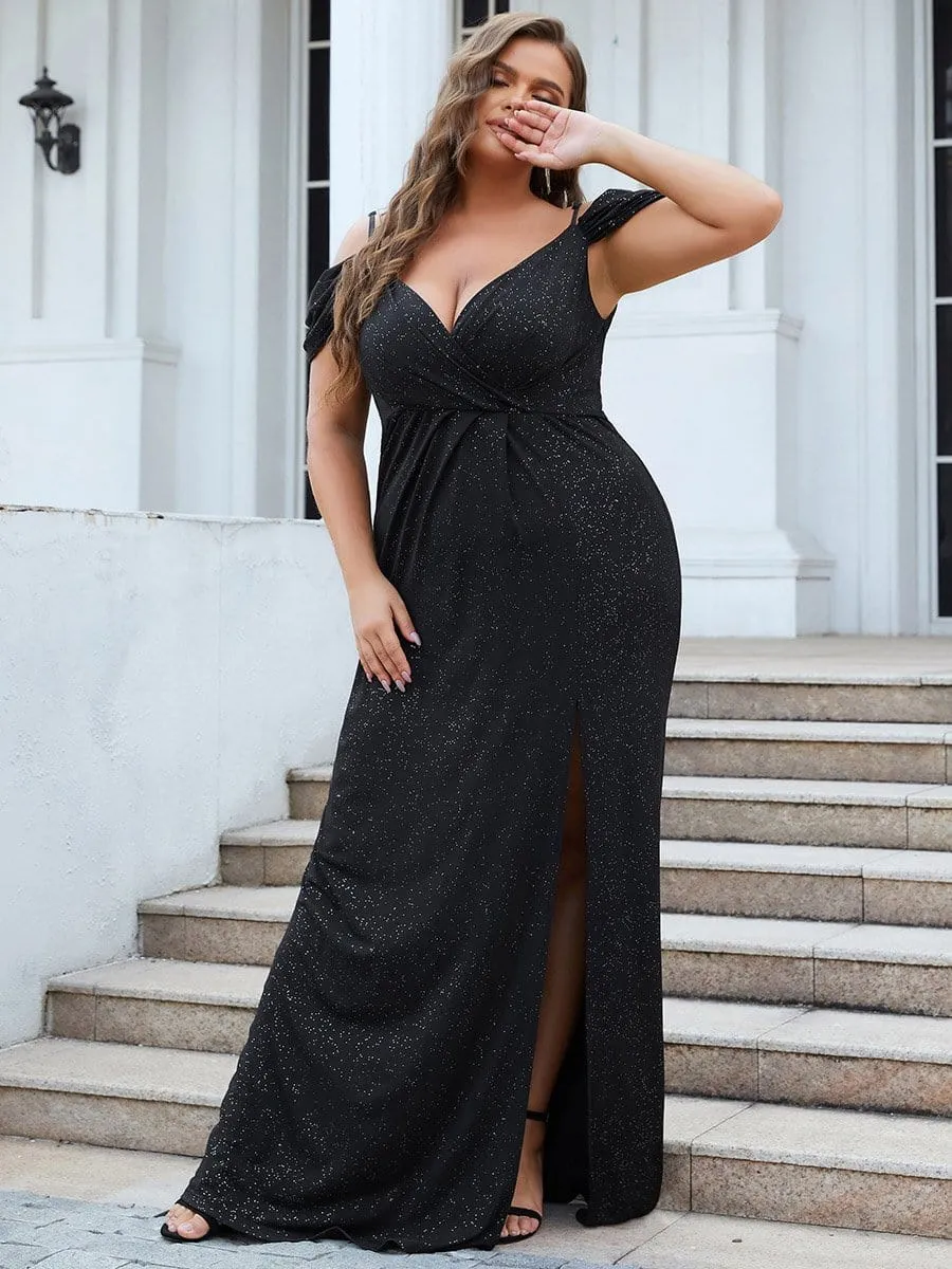 Plus Size V-Neck Cold Shoulder Floor-Length Evening Dress