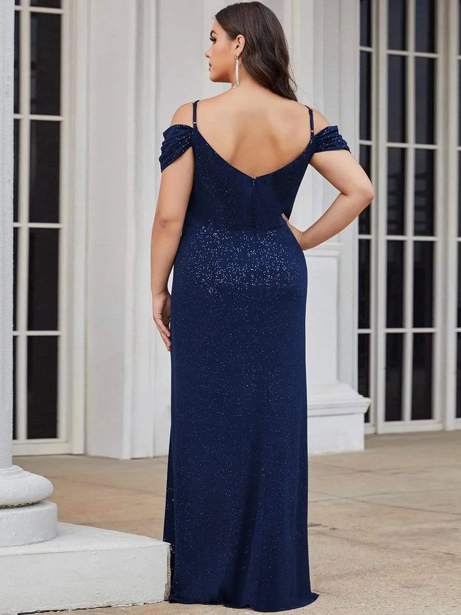 Plus Size V-Neck Cold Shoulder Floor-Length Evening Dress