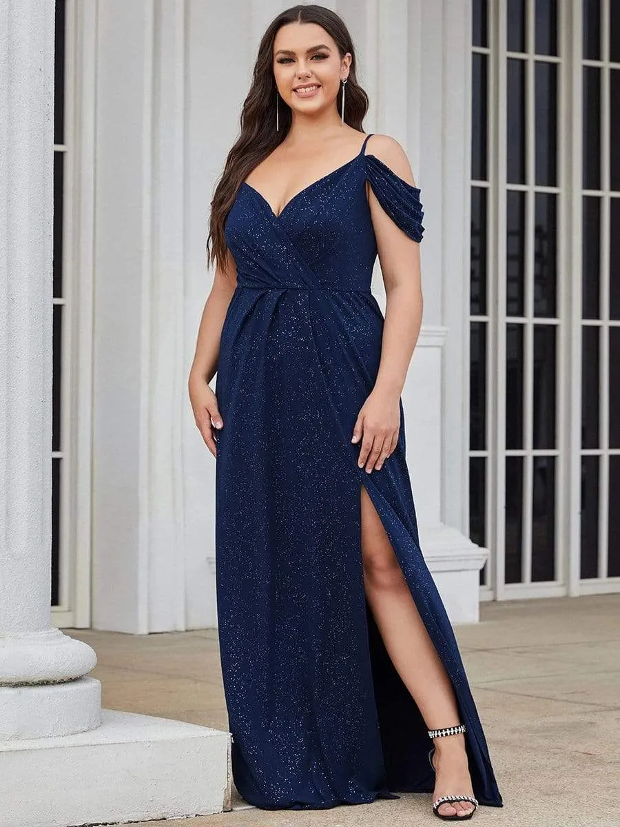 Plus Size V-Neck Cold Shoulder Floor-Length Evening Dress