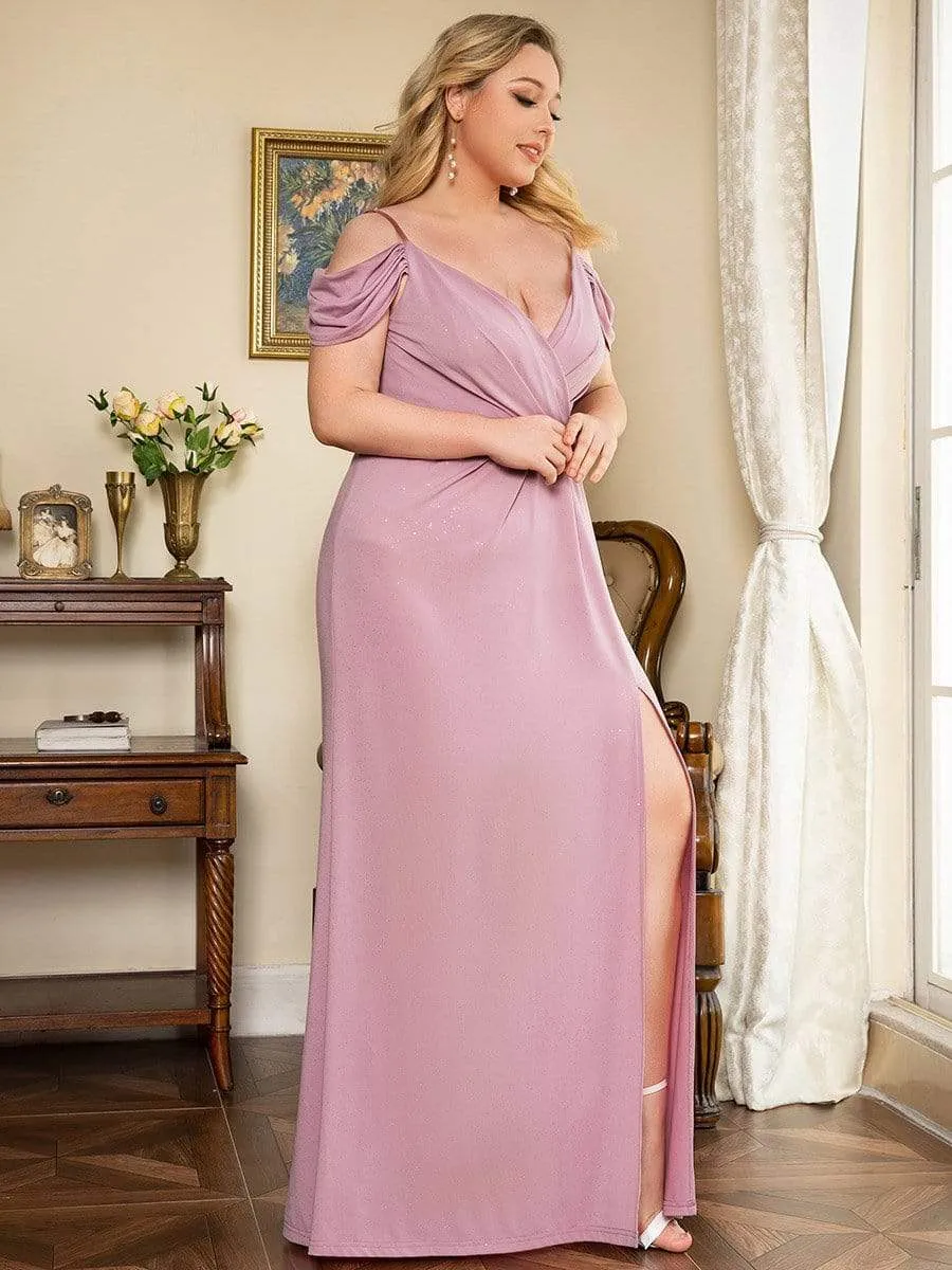 Plus Size V-Neck Cold Shoulder Floor-Length Evening Dress