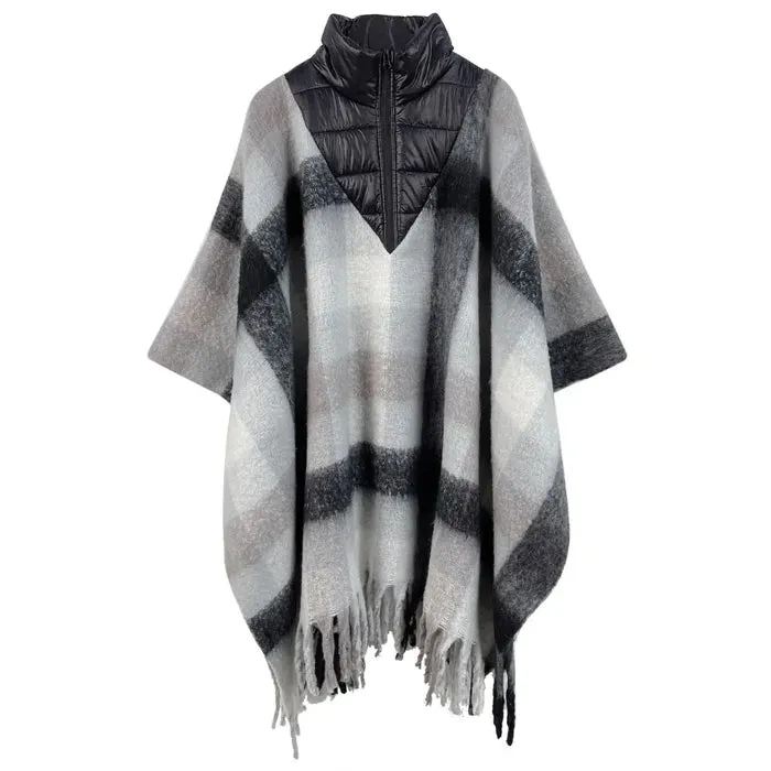 Poly Black Plaid Long Zip Fringe Poncho for Women