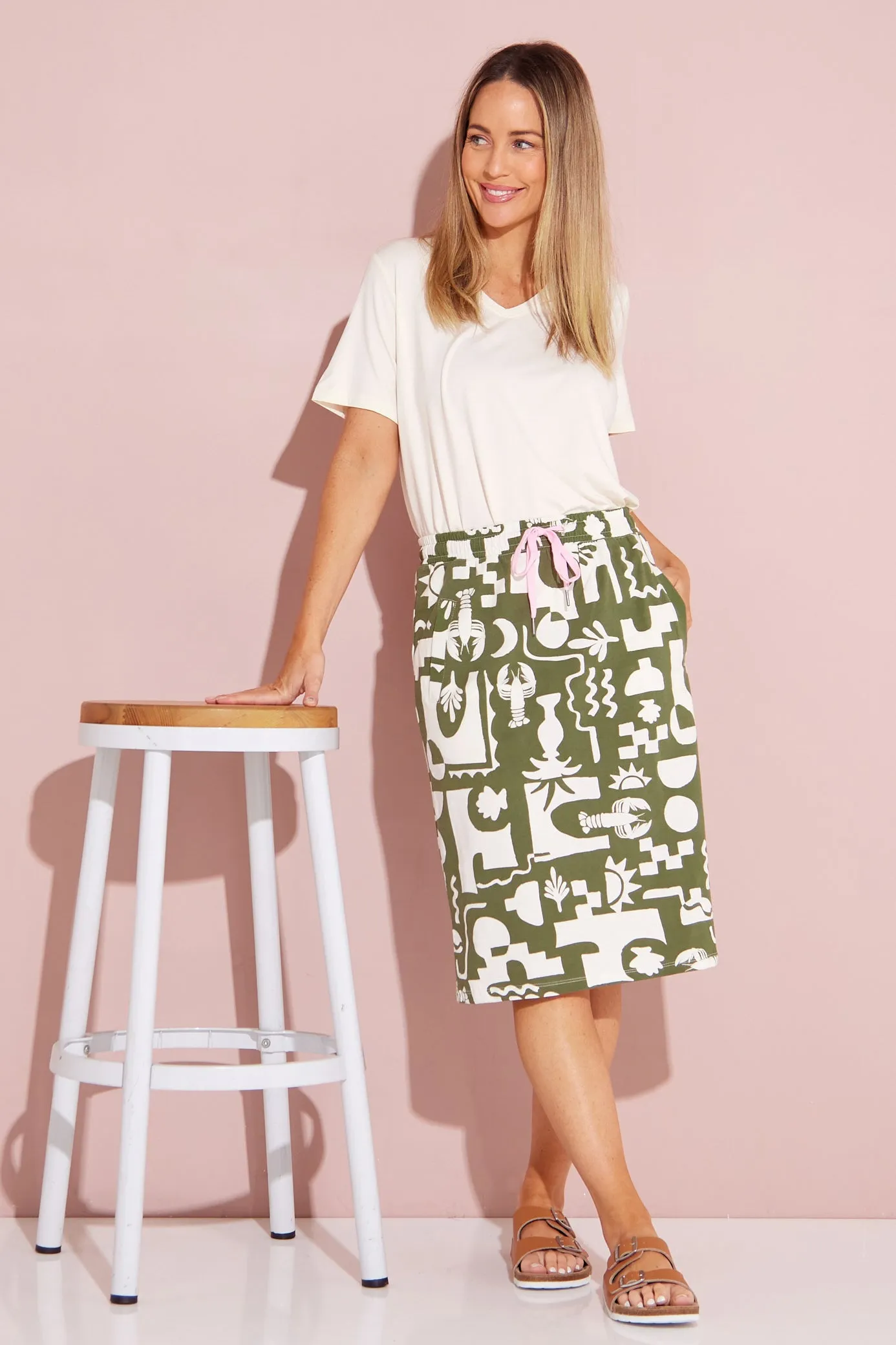 Postcard Skirt - Khaki and Cream Print