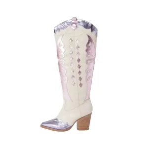 Pre Order:  Chunky Heel Metallic Butterfly Knee High Cowboy Boots