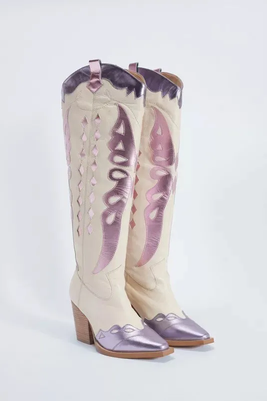 Pre Order:  Chunky Heel Metallic Butterfly Knee High Cowboy Boots