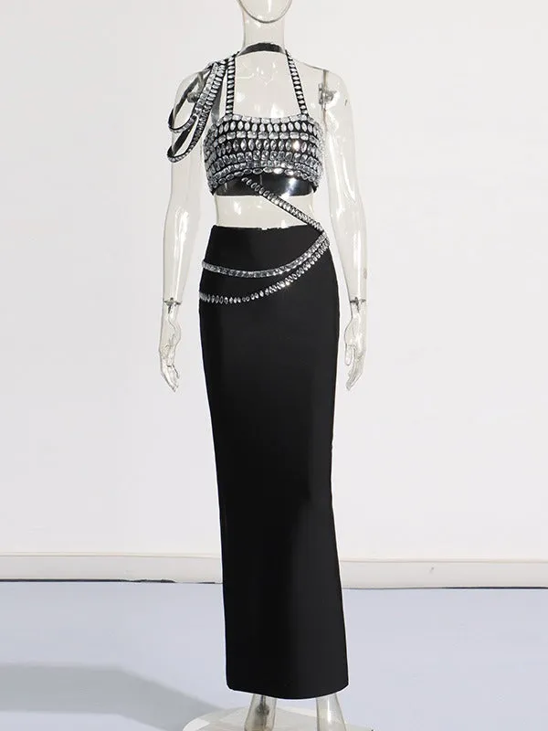 Pre Order:  Diamond Encrusted Slanted Shoulder Tube Top  Hip Covering Skirt