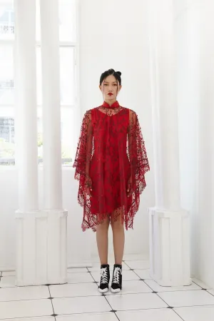 Pre-Order RED EMBROIDED TULLE WITH RED SATIN SILK - PONCHO WITH DETACHABLE MANDARIN COLLAR AND INNER BIAS DRESS - RED