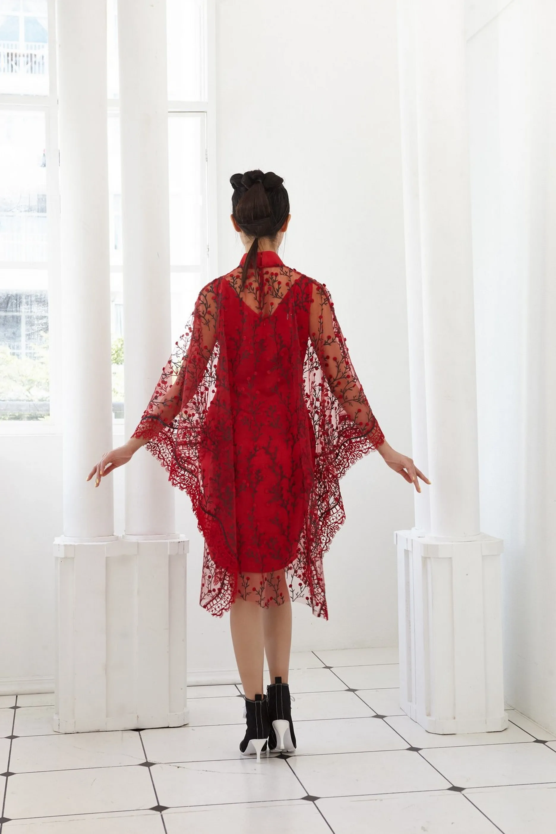 Pre-Order RED EMBROIDED TULLE WITH RED SATIN SILK - PONCHO WITH DETACHABLE MANDARIN COLLAR AND INNER BIAS DRESS - RED