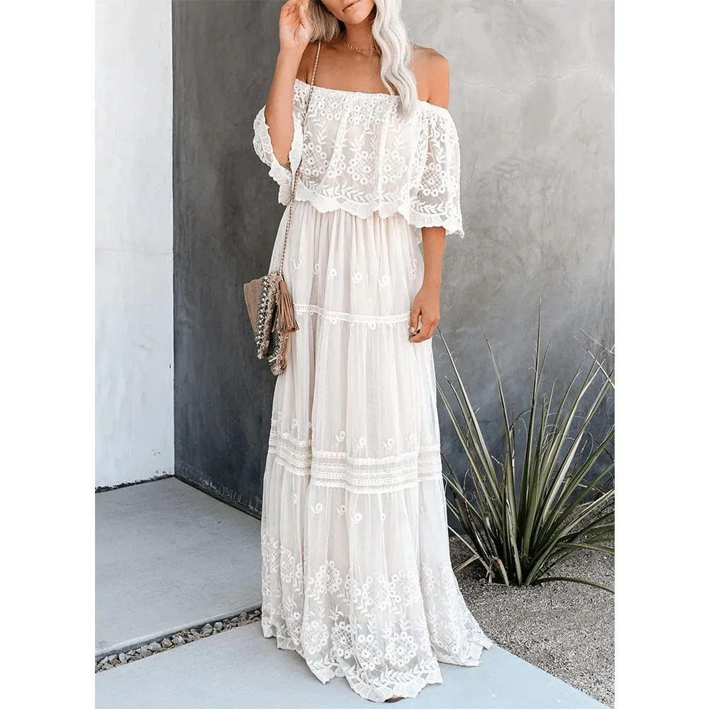 Preorder - Flower Child Off The Shoulder Lace Maxi Dress