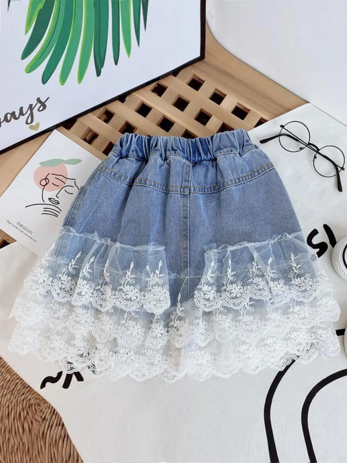 Pretty Frilly Lace Trim Denim Skirt