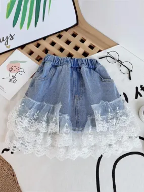 Pretty Frilly Lace Trim Denim Skirt