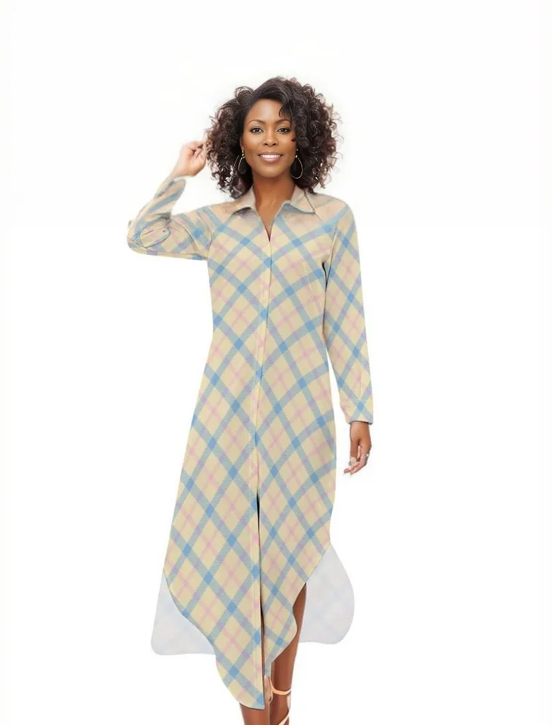 Princess Plaid Button Neck Long Sleeve Shirt Dress