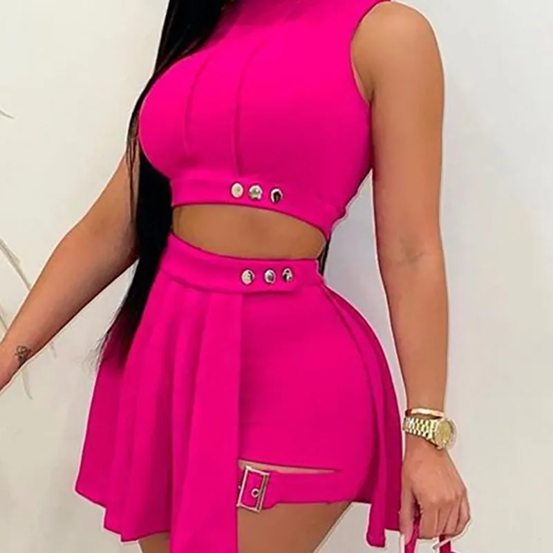 Purpdrank - Skirt Two Piece Set Women High Waist Mini Skirt Sets Black Sleeveless Button T-shirt Shorts Set White 2 Piece Sets Womens Outfit